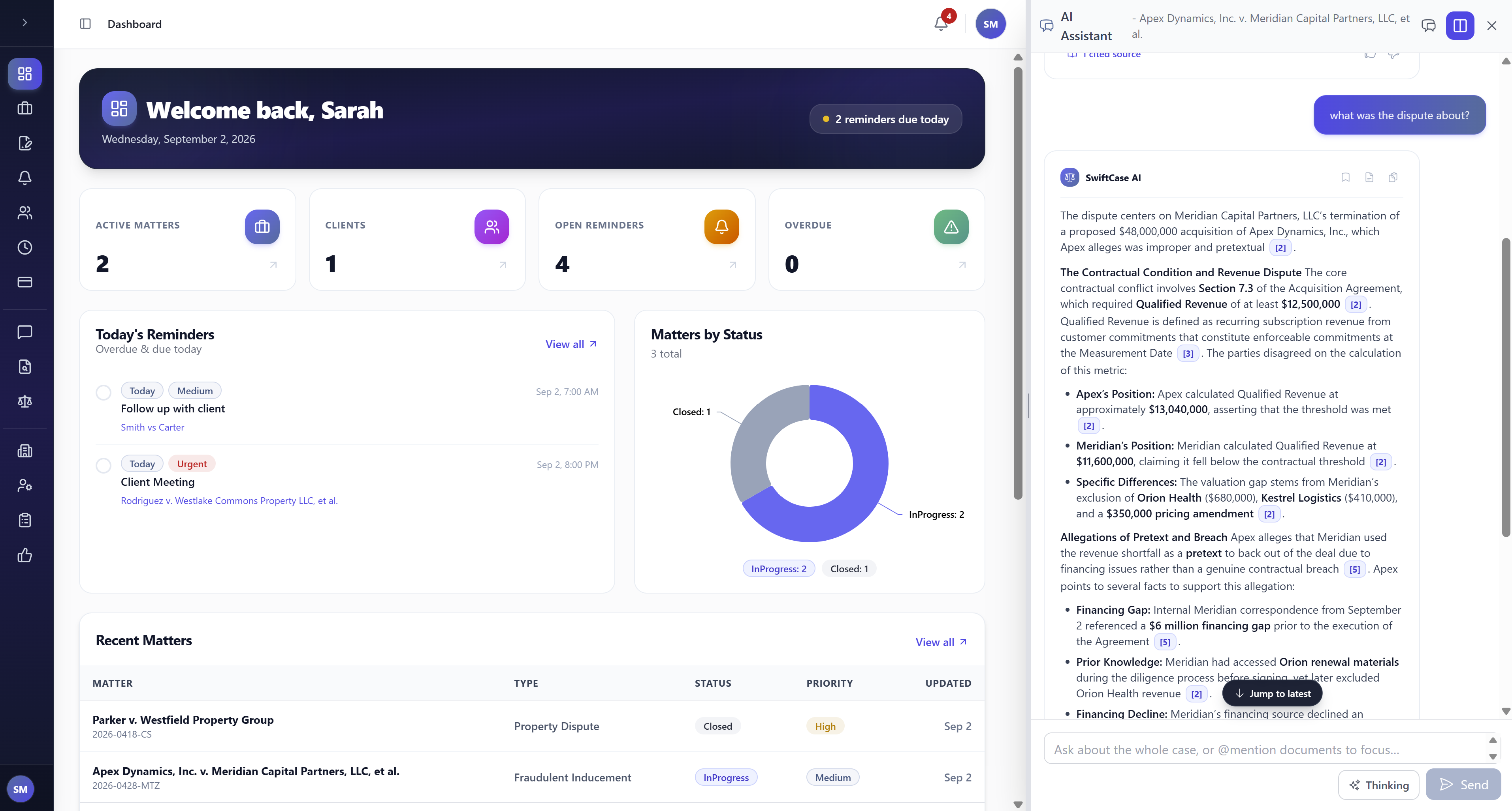 SwiftCase Legal AI platform screenshot