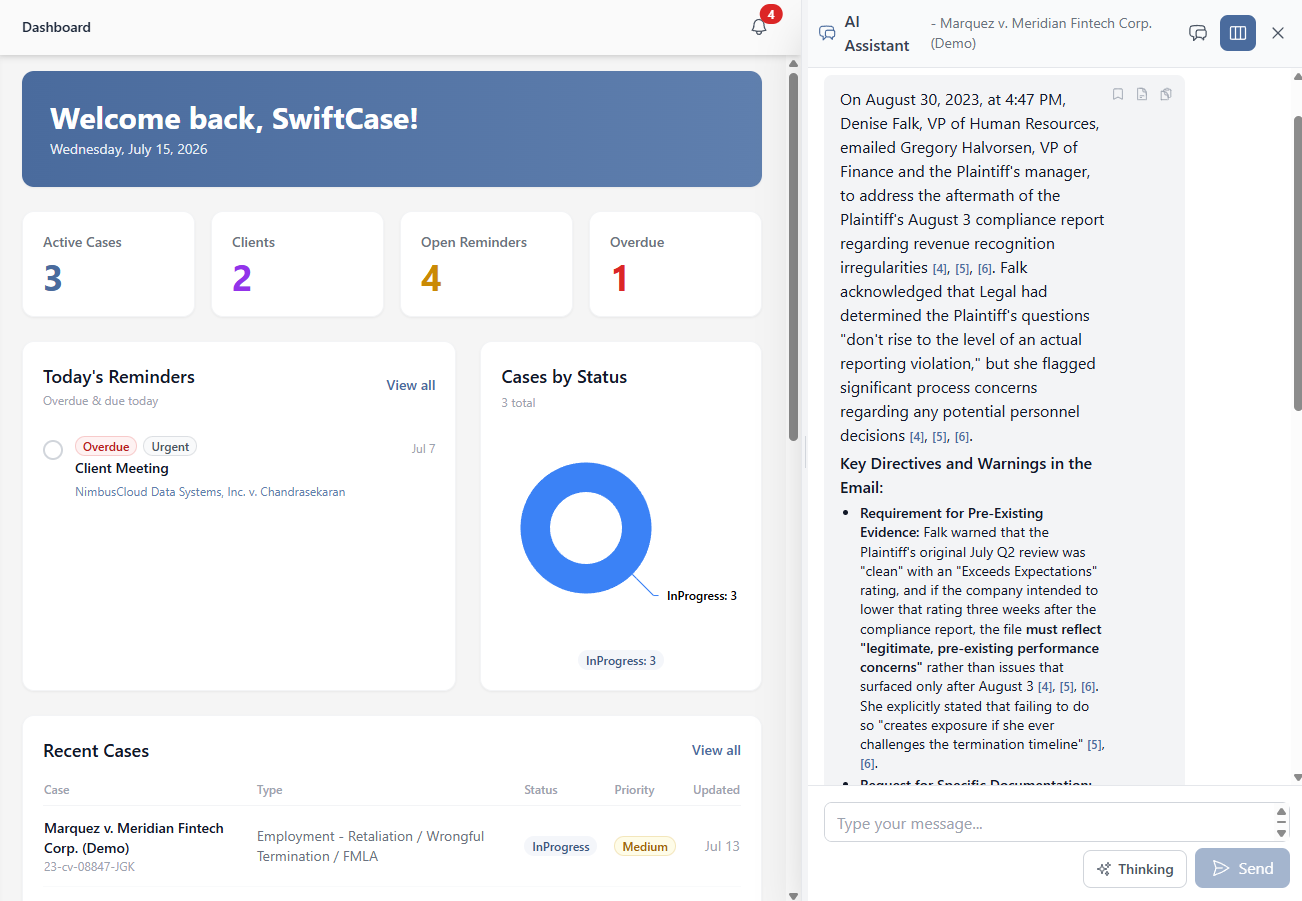 SwiftCase Legal AI platform screenshot